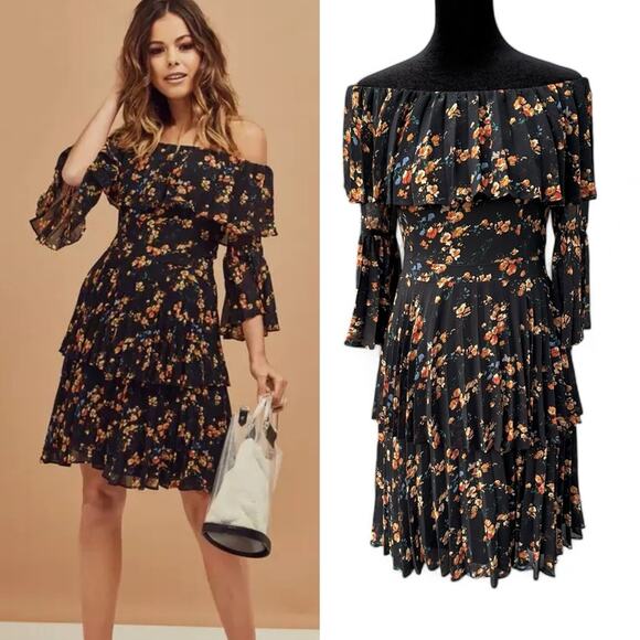 Revolve Bardot Ditsy Layered Black Floral Dress | Off Shoulder Spring Coquette - Picture 1 of 13
